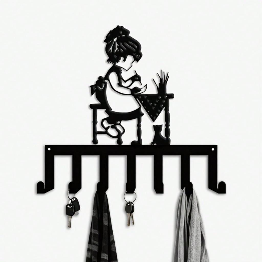 Cat Lover Key Holder Wall Decor 7 Hooks Handmade Metal Wall Art Practical Gift for Hallway Bedroom Living Room