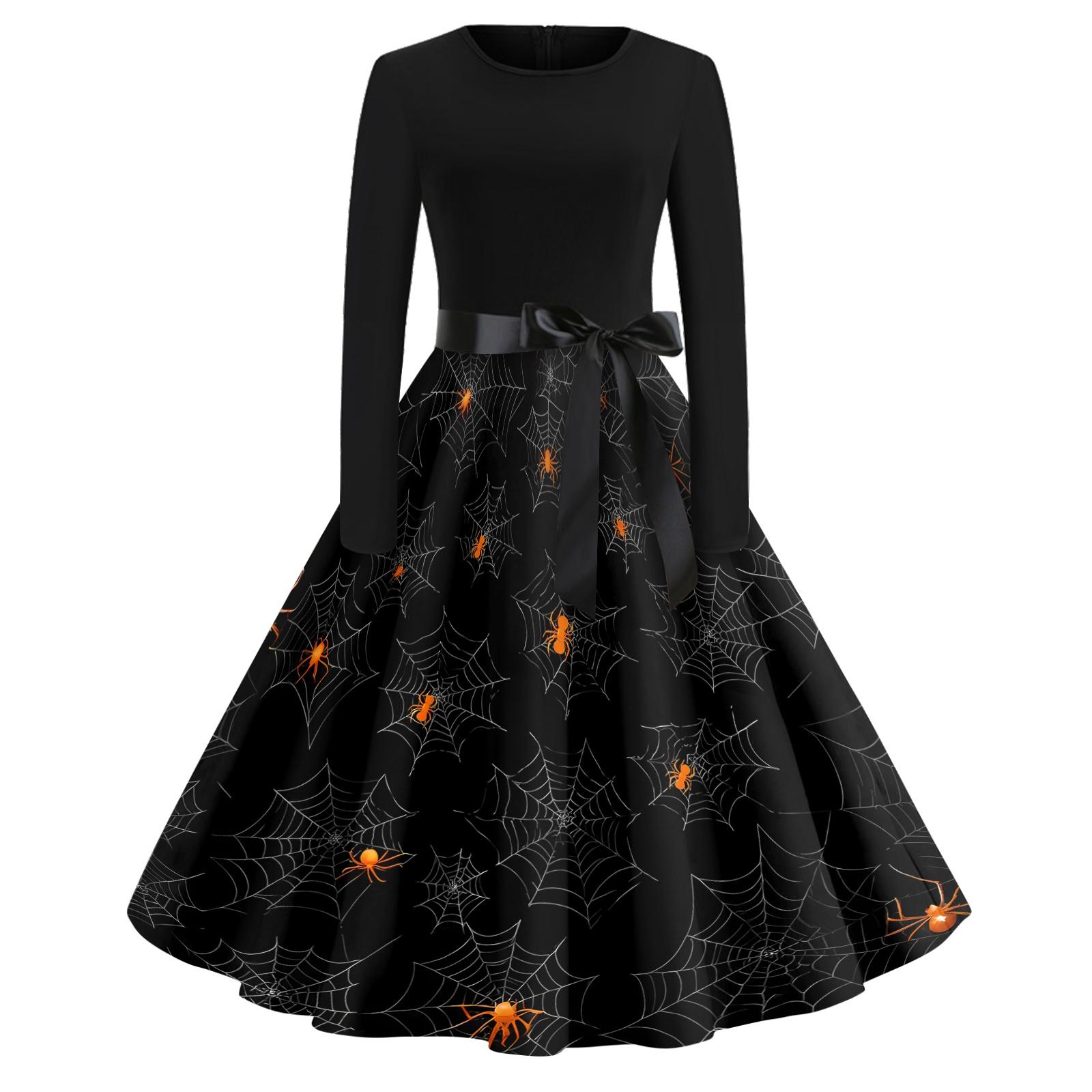 Women Casual Long Sleeve Round Neck Vintage Dress Halloween Print Spider Web Pattern A-Line Midi Dress with Waist Bow Tie L чёрный