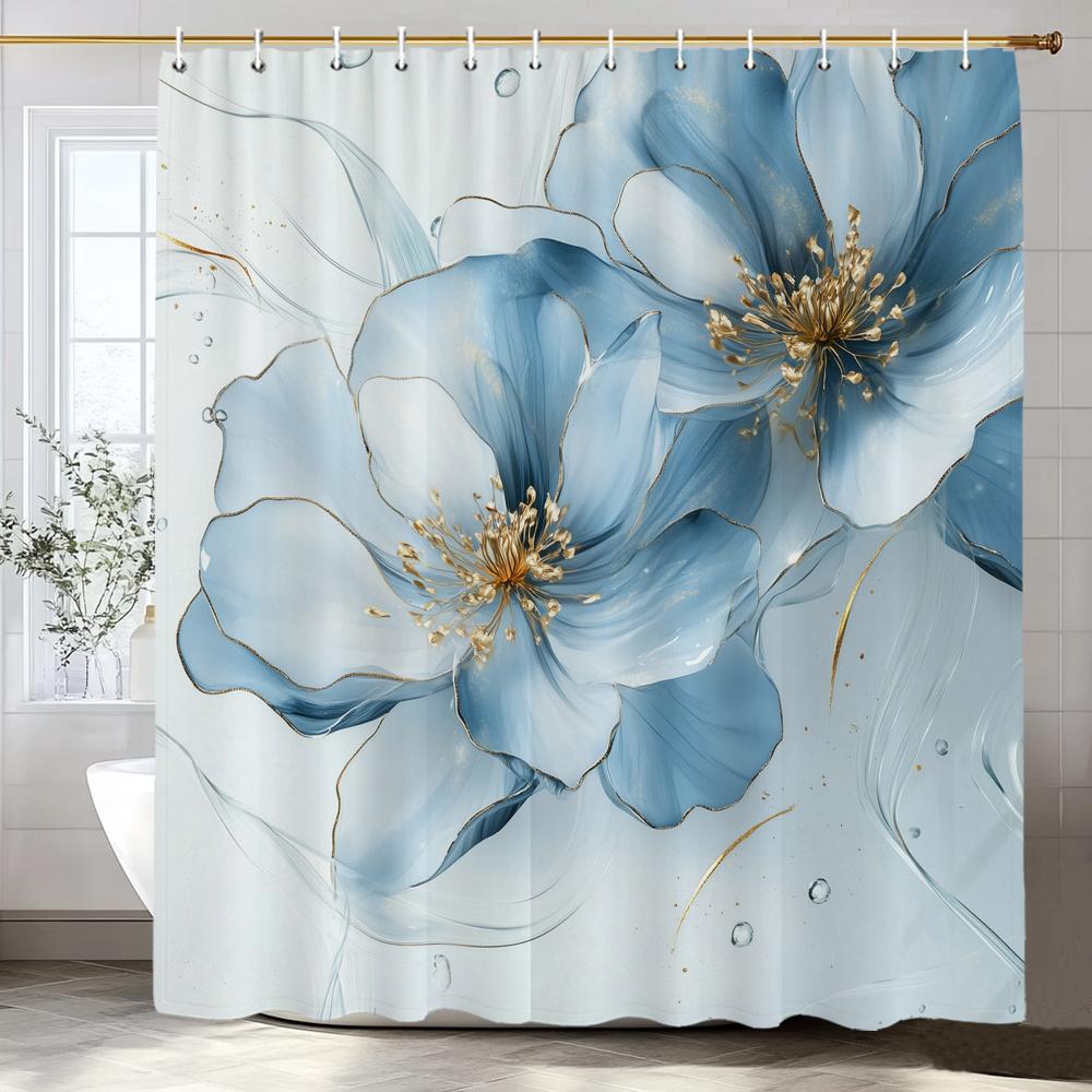 Beautiful Blue Flowers Shower Curtain, Floral Art Bathroom Decorative Shower Curtain, Print Polyester Fabric Curtain with Hooks