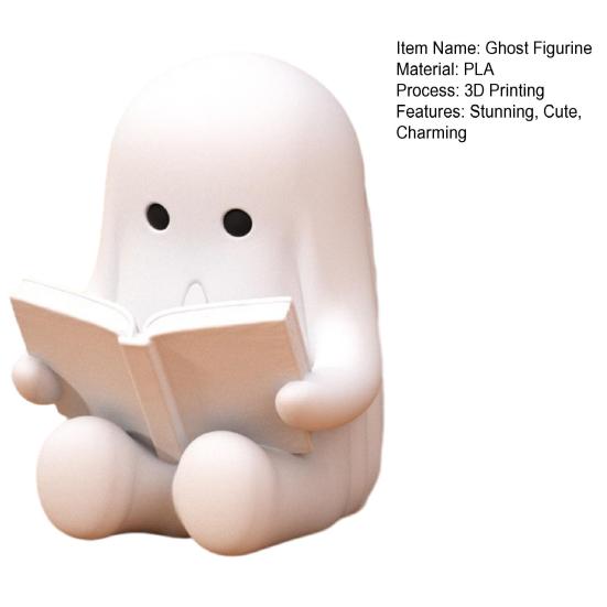 Ghost Reading Book Figurine, 3D Printed Cute Mini Sitting Ghost Statue for Halloween Bookshelf, Desk, Indoor Home Decor