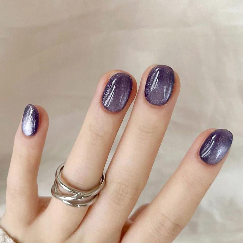 Short Fake Nails with Glitter Decor Purple Base Color with Glossy Texture Nails for Shopping Traveling Dating