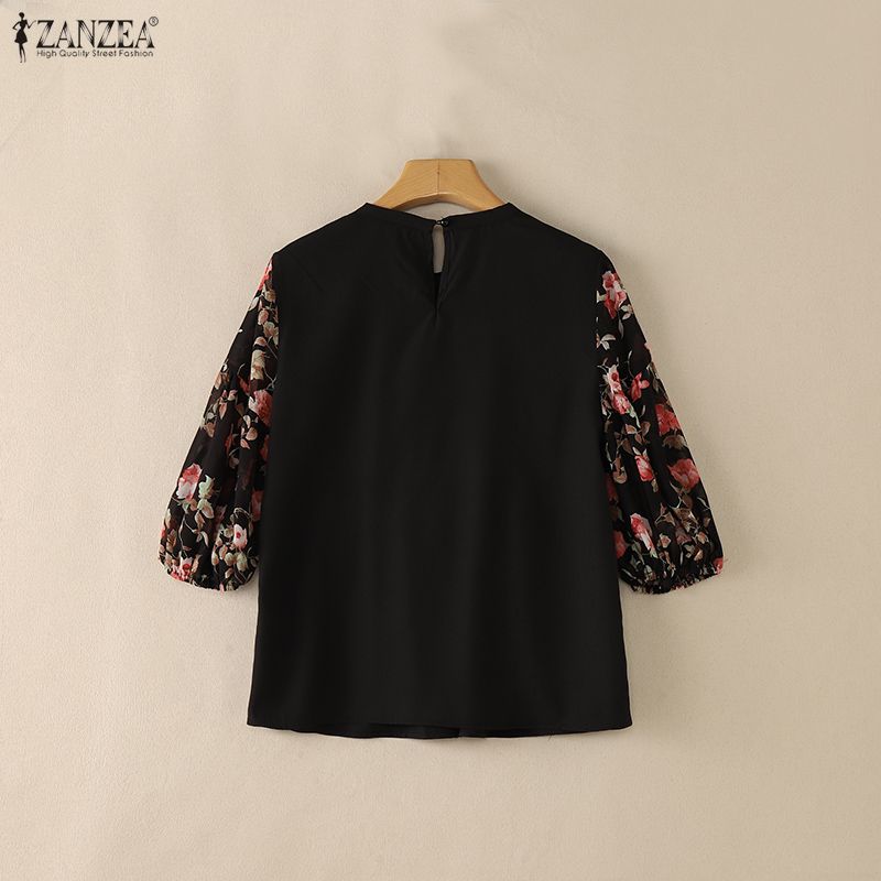 ZANZEA Women Casual Round Neck Loose Floral Print Splice 3/4 Sleeve Blouse
