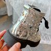 Bling Short Boots for Girl Round Toe Shine Sequin Side Zipper Outdoors Shoes Thick Bottom Chunky Heel Kidd Princess Boots I07247
