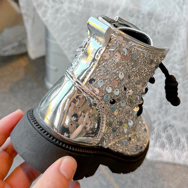 Bling Short Boots for Girl Round Toe Shine Sequin Side Zipper Outdoors Shoes Thick Bottom Chunky Heel Kidd Princess Boots I07247