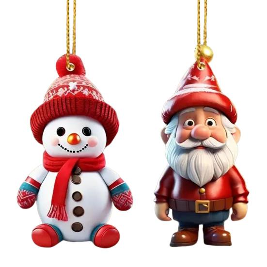 2 Pcs Christmas Ornaments Cartoon Snowman Santa Claus Acrylic Pendant Xmas Tree Hanging Decoration for Holiday Party Decor Car Accessories