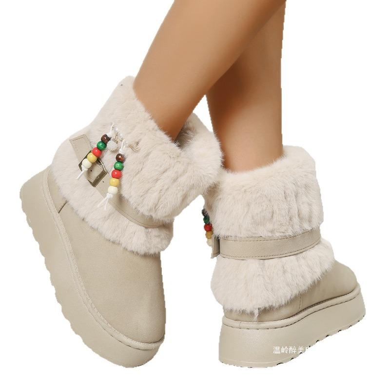 Winter Large Size Beaded Wool Thickened Cotton Shoes Women's Cross-border Round Head Plush Thick-soled Warm Snow Boots