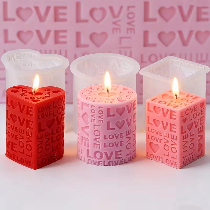 Top Quality 3D Love Pillar Candle Mold Embossed Love Letters Cylinder Cube Mold Heart Pillar Candle Mold DIY Gift Mold