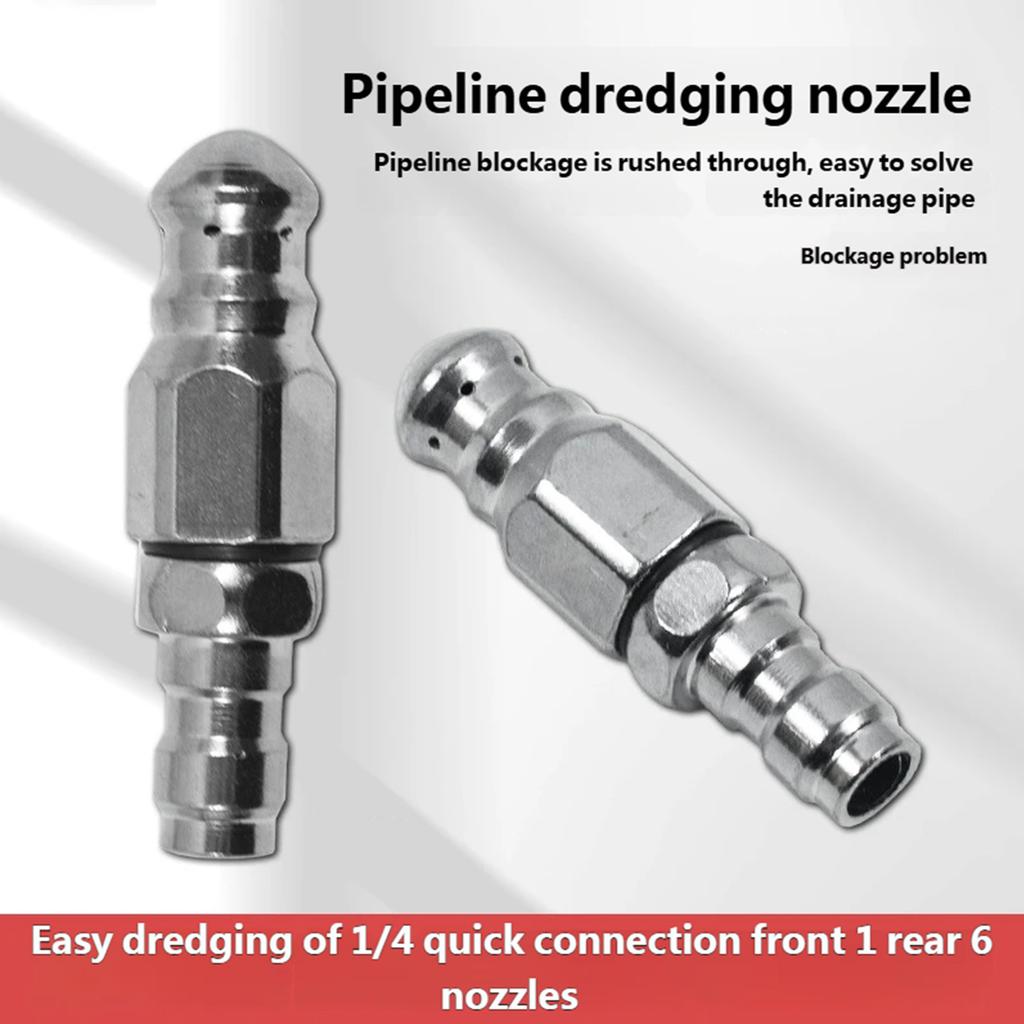 Stainless Steel High Pressure Nozzle 1/4inch Quickly connect 1 Front 6 Back Nozzle Professional Drain Cleaning Tool