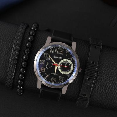 4pcs Quartz Watches Bracelet Watch Set For Men Business Fashion Casual Round Pointer Calendar Watch Accessories
