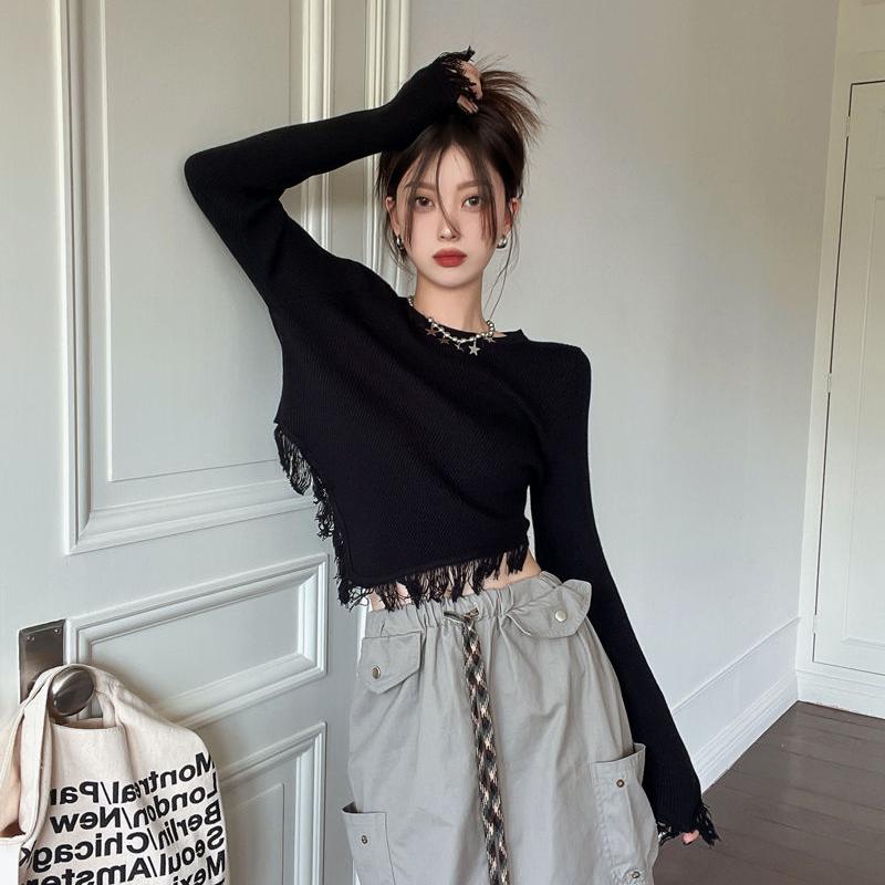 Tassel T Shirt Korean Style Solid Color Crop Top Autumn Long Sleeve Tees Slim Fashion Tshirts Femme O-neck Clothes Japanese