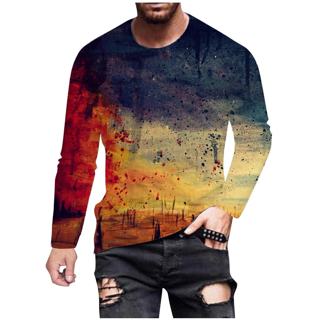 Men's Fashion Casual Printed Long Sleeve O-Neck Shirts Tops Blouse