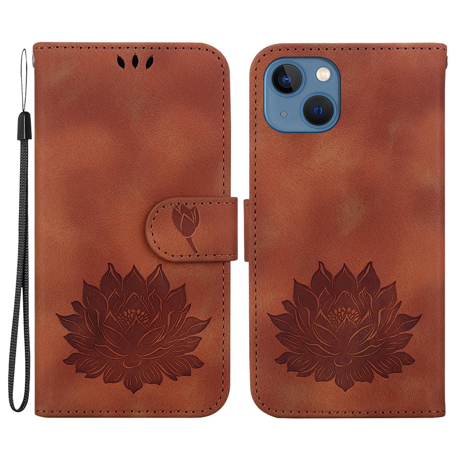 

For iPhone 14 Case Lotus Imprinted PU Leather Flip Phone Wallet Cover Brown