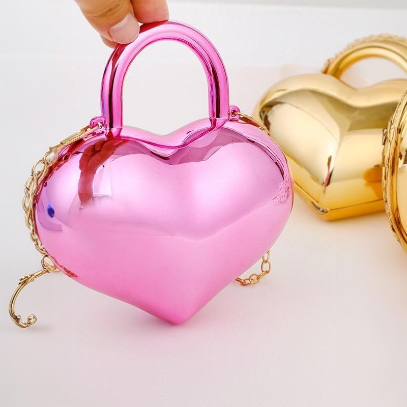 Metallic Heart Shaped Mini Crossbody Bag Glossy Finish Detachable Chain Strap Perfect For Party Wedding Date Night Events