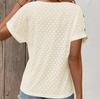 Ladies Summer V Neck Button Short Sleeve Breathable Hollow Solid Color Pullover T Shirt Top