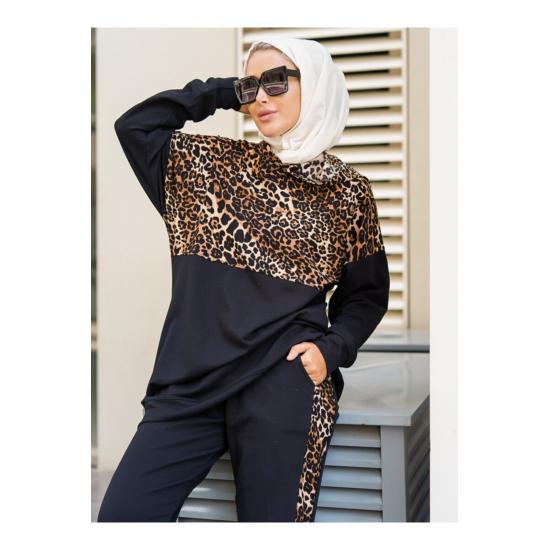 Damen-Doppel-Trainingsanzug-Set mit Leoparden-Details