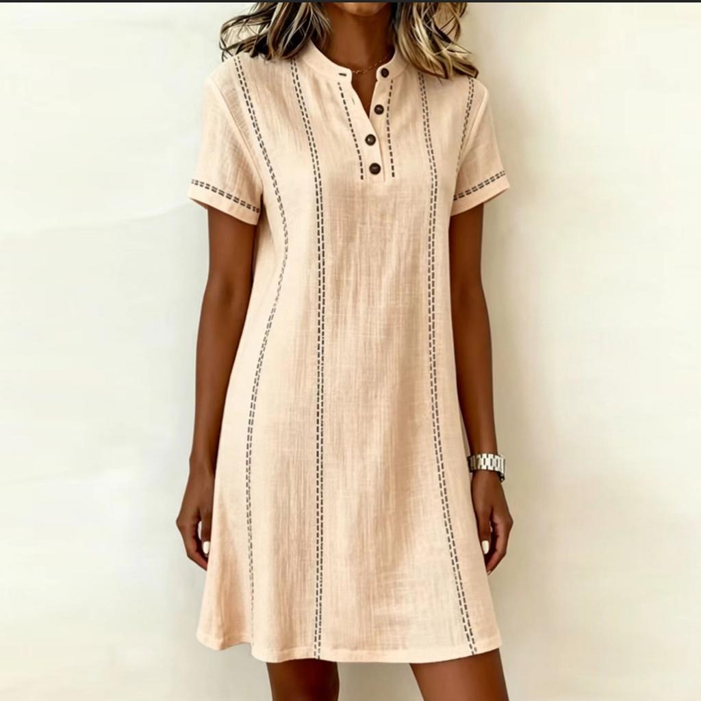 Women Casual V Neck Button Front Short Sleeve Dress Lightweight Summer Loose Fit Knee Length Dress for Daily Wear