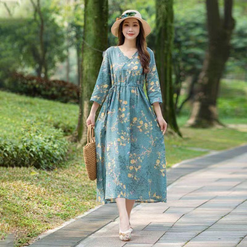 

Женское хлопковое платье с v-образным вырезом и принтом, женское платье из конопли со свободным галстуком, макси-платье с уздечкой, женская одежда 2XL синий