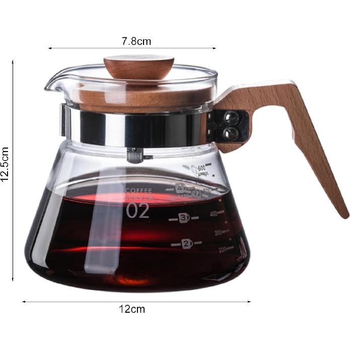 Glass Carafe Coffee, High Borosilicate Glass Coffee Pot V-Shaped Outlet Heatproof Mug Wooden Measuring Cups Coffee Carafe (600ml)
