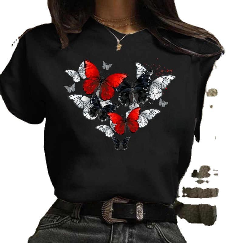 Woman Plus Size Tops Oversized T Shirt Aesthetic Clothes Summer Burst Cute Cartoon Butterfly Trend Letter Print Top T-shirt