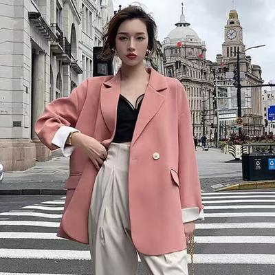Women Suit Coat Lapel Long Sleeve Single Breasted Suit Jacket with Pockets Solid Color Loose Fit