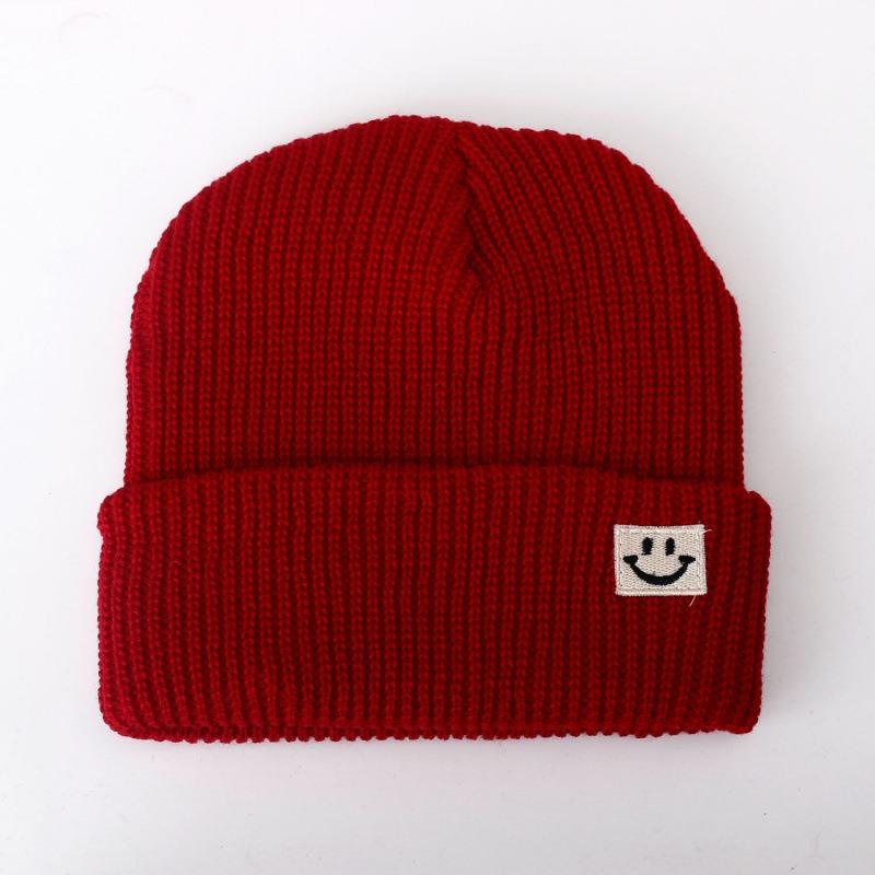 Cute Smiley Face Label Wool Hat Women's Autumn and Winter Warm Trend Versatile Ear Protector Black Knitted Hat Men