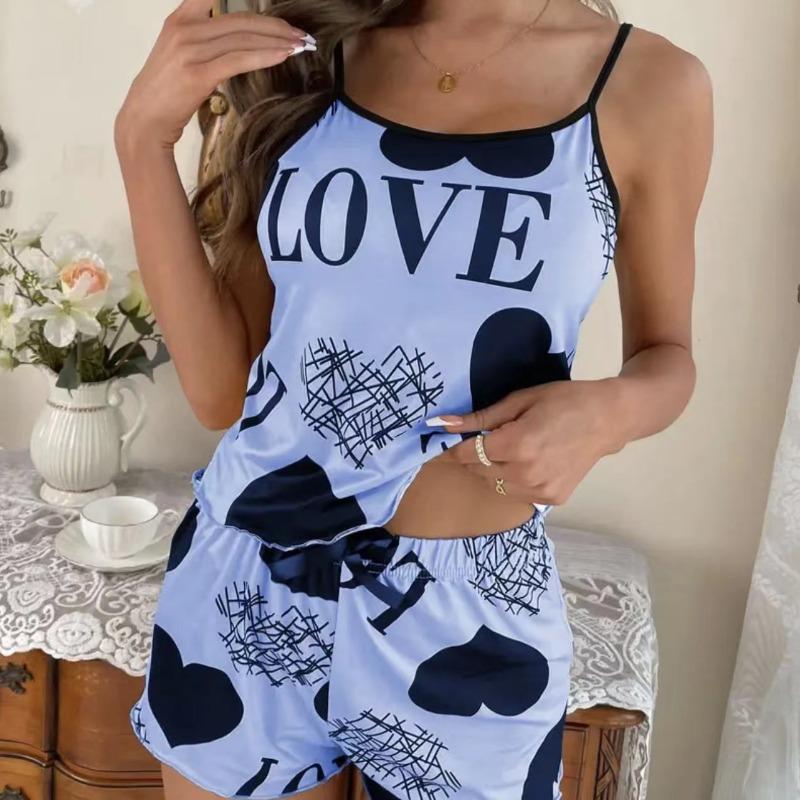 Love Print Pajama Set Women Summer Cami Top and Shorts Loungewear Sleepwear Cute Heart Letter Print Nightwear Home Clothes