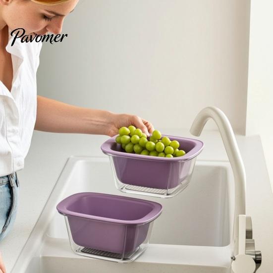 Space Saving Kitchen Organizer for Vegetables Double Layer Drain Basket, Fruit And Vegetable Washing Bowl, Transparent Bowl with Holes PET Fine