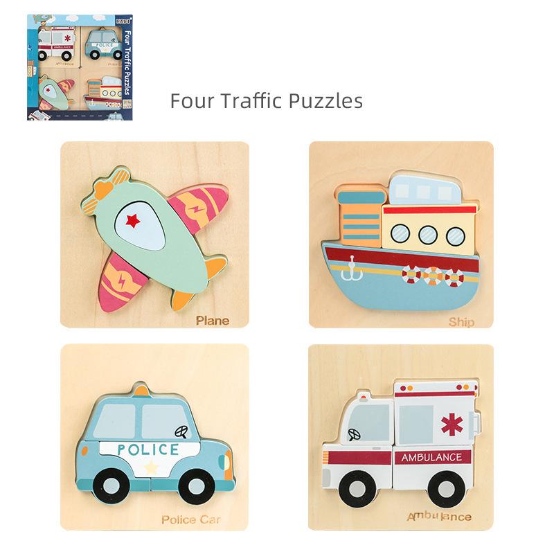

4 Pcs/Set 3D Wooden Puzzle Cartoon Animal Traffic Early Education Enlightenment Cognitive Jigsaw Toys With Gift Box