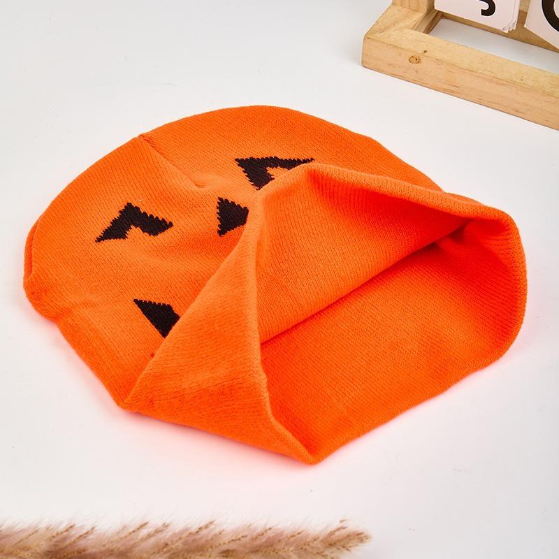 Devil Smiley Face Halloween Knit Hat with Ear Protection and Pumpkin Embroidery