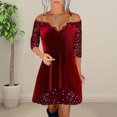 Women Prom Dress Shiny Sequin Chain Shoulder Strap Low-cut V Neck Off Shoulder A-line Long Sleeve Spring Fall Mini Dress Party Evening Dress