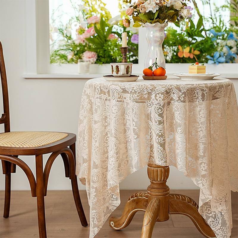Elegant French White Lace Tablecloth - Solid Polyester, Round/Rectangular/Square Options for Dining and Coffee Tables, Perfect for Home Decor