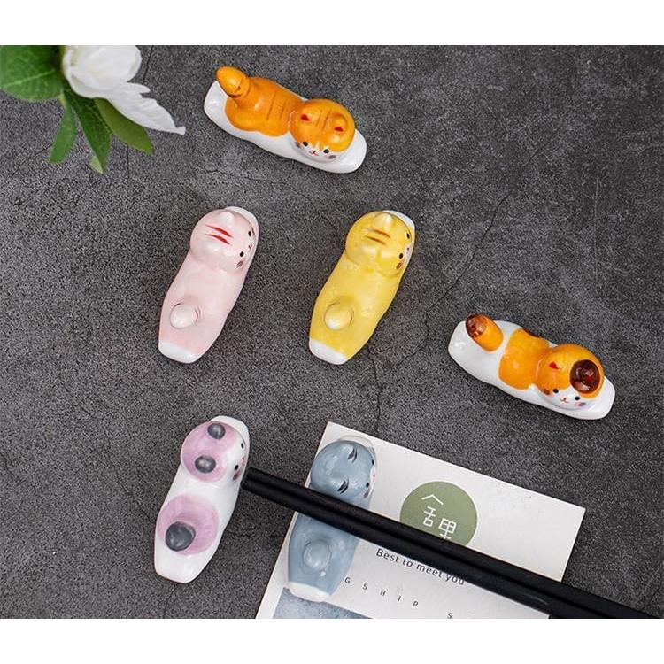 Ceramic Chopstick Holder Animal Series - Running Cat & Country Cat, Multi-color Home Decor, Izakaya Souvenir - Set of 6