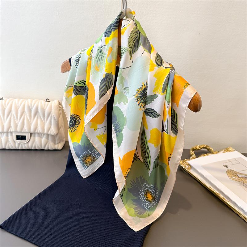 Luxury Floral Printed Square Scarf For Women Imitation Silk Scarves Bandanas Hijab Neckerchief Elegant Shawl Wraps