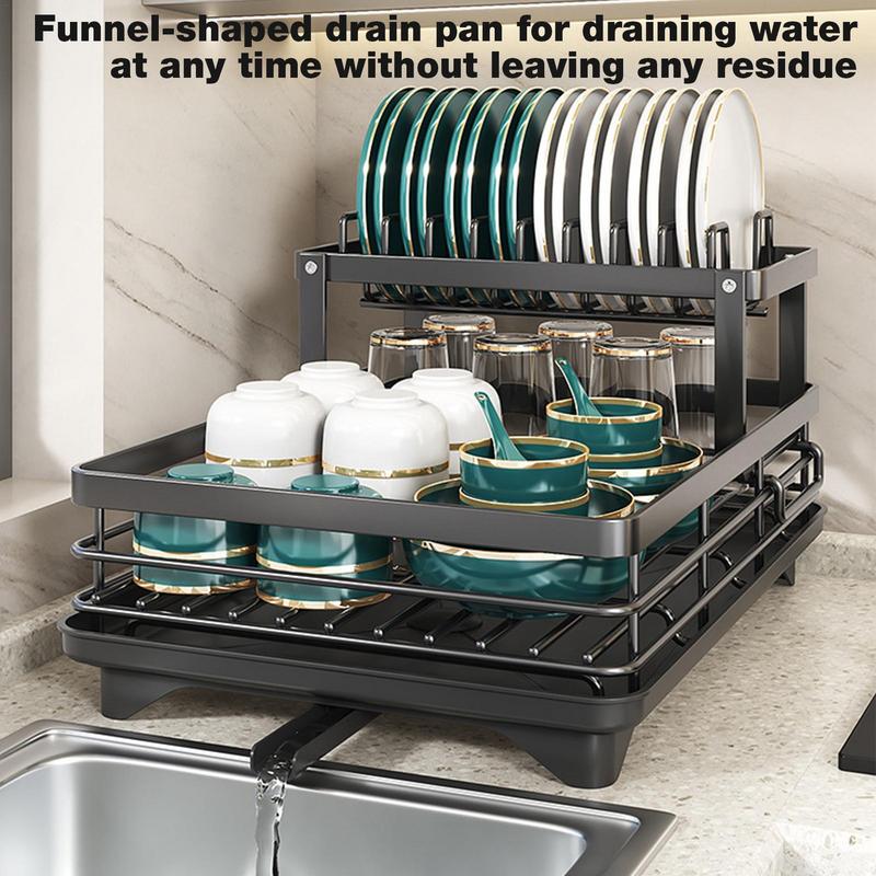 Carbon Steel Dish Drying Rack Kitchen Plates Organizer with Drainboard Over Sink Countertop Cutlery Storage Holder Supplies