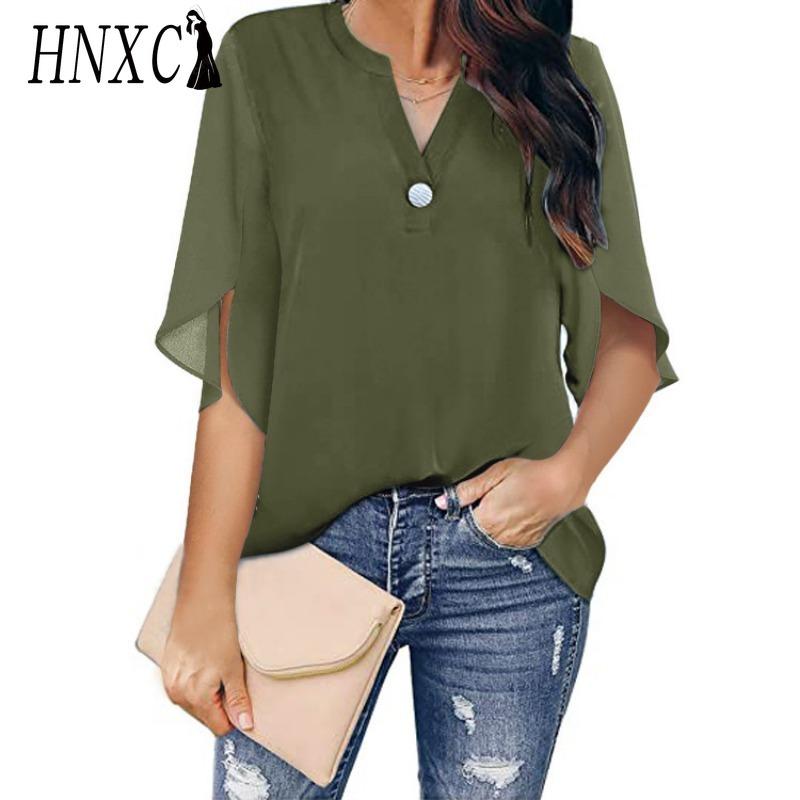 HNXC Women's Fashion Casual Solid Color Print Short Sleeve V Neck Blouses & Shirts