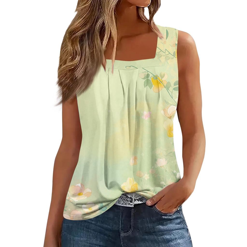 Dam Mode Casual Plisserad Fyrkantig Krage Ärmlös Väst Tryck Sommar T-shirt