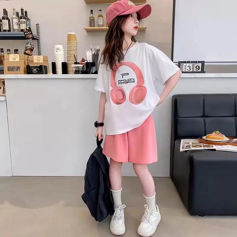

Girls Summer T-Shirts Sets Kids Short Sleeve Tops+Shorts 2Pcs Children Clothes Outfits Teen Loose Casual Suits Sportsuit 170 білий