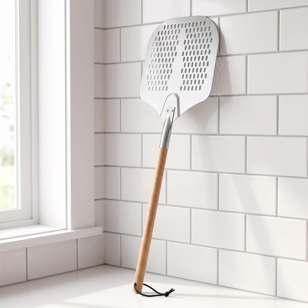 Pizza Peel Perforated with Wooden Handle Aluminum Tool for Home Cooks, Chefs, Kitchen,