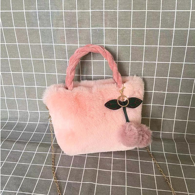 Luxury Faux Fur Bag Women's Plush Woven Handle Handbag Thin Chain Shoulder Bag With Cherry Pendant Magnetic Buckle Crossbody Bag