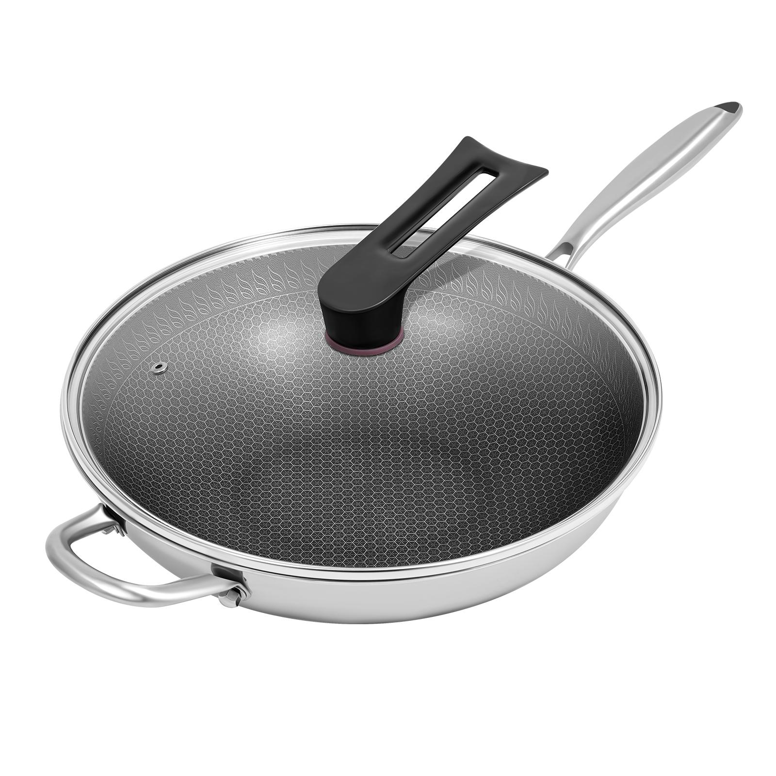 

316Ti Stainless Steel Honeycomb Wok 13.4 Inch Non Stick Frying Pan Induction Cooktop Compatible Gas Stove Modern Kitchen Cookwar