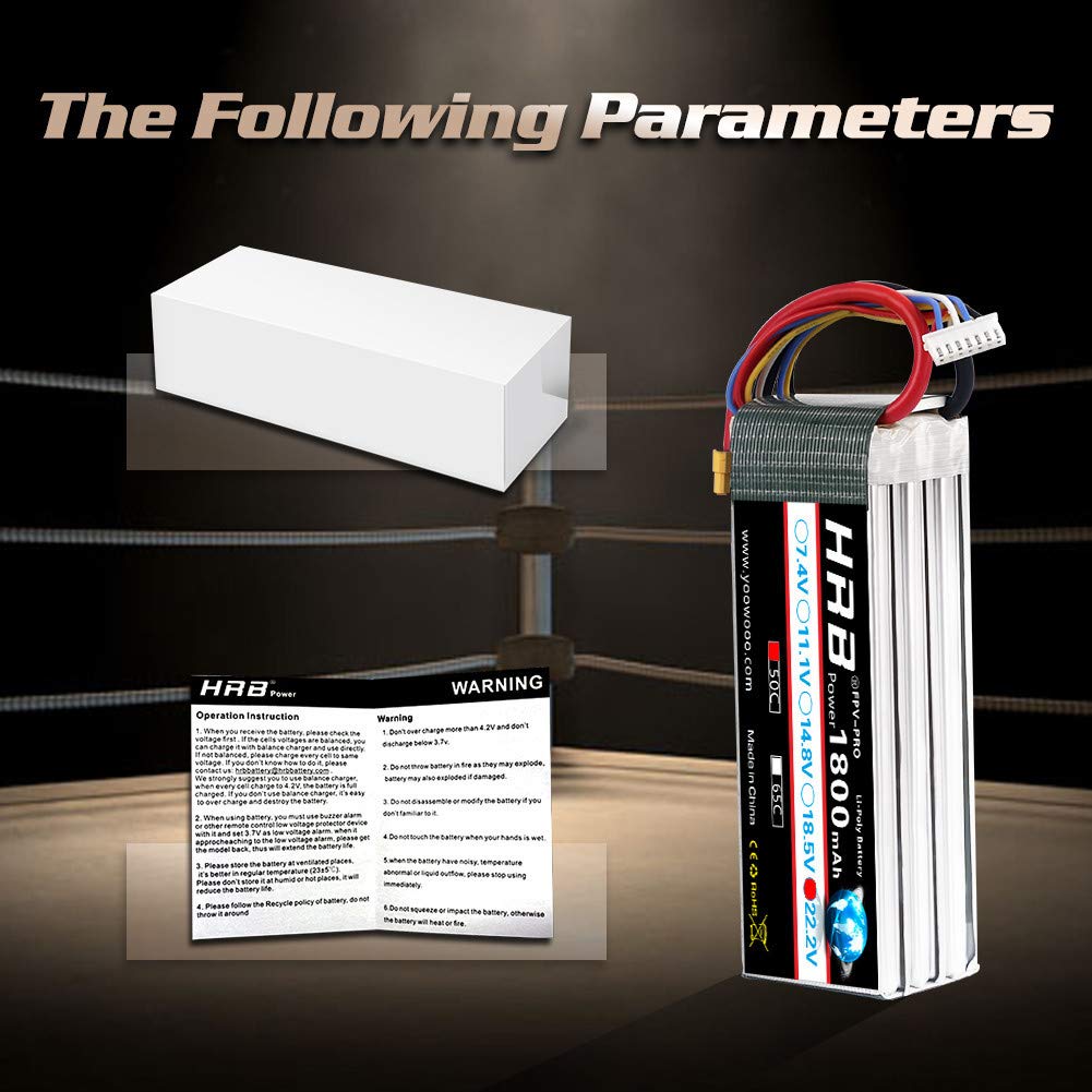 HRB 6S 1800mAh 22.2V 50C XT60 Lipo Battery for RC Airplanes, RC Cars, RC Trucks, Racing Drones, and Multi-Rotors