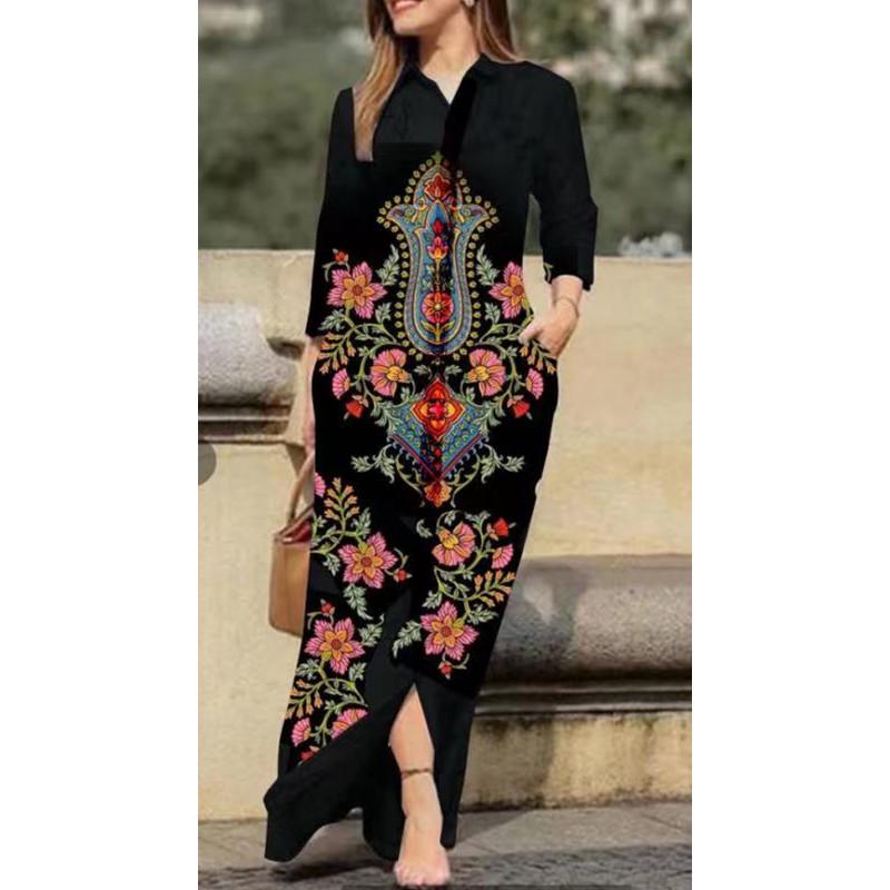 Women's Casual Printed Pocket Button-Down Long Dress with Turn-Down Collar