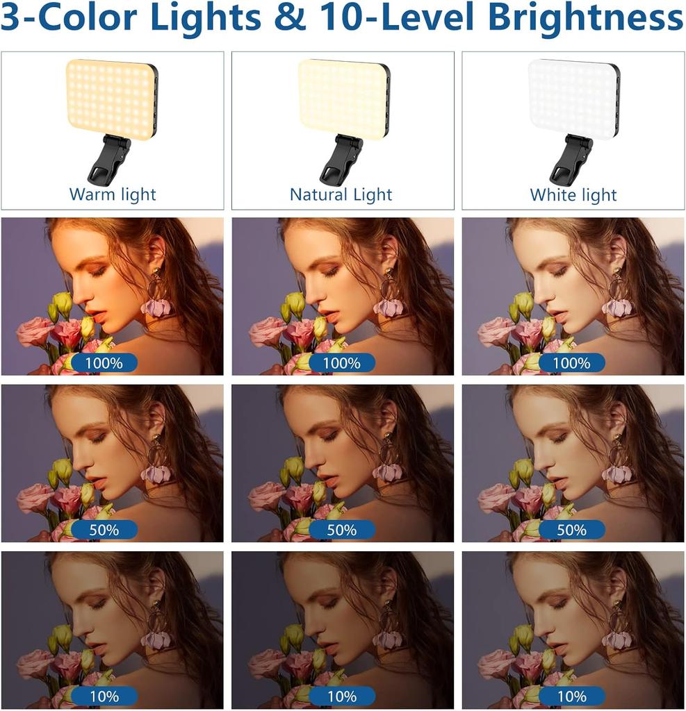 60 LED Portable Selfie Light Video Conference Lighting with Clip & Camera Tripod Adapter Rechargeable CRI 97+, 3 Light Modes