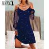 HNXC Women's Fashion Spring Autumn Solid Color Print Long Sleeve V-Neck High Waist Casual Dresses