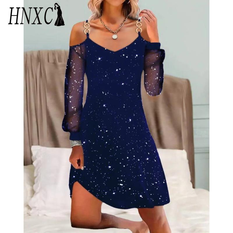 HNXC Women's Fashion Spring Autumn Solid Color Print Long Sleeve V-Neck High Waist Casual Dresses