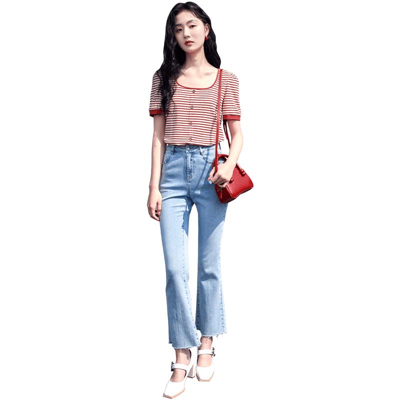 Xiangying Women s Retro Striped Square Neck T-Shirt L