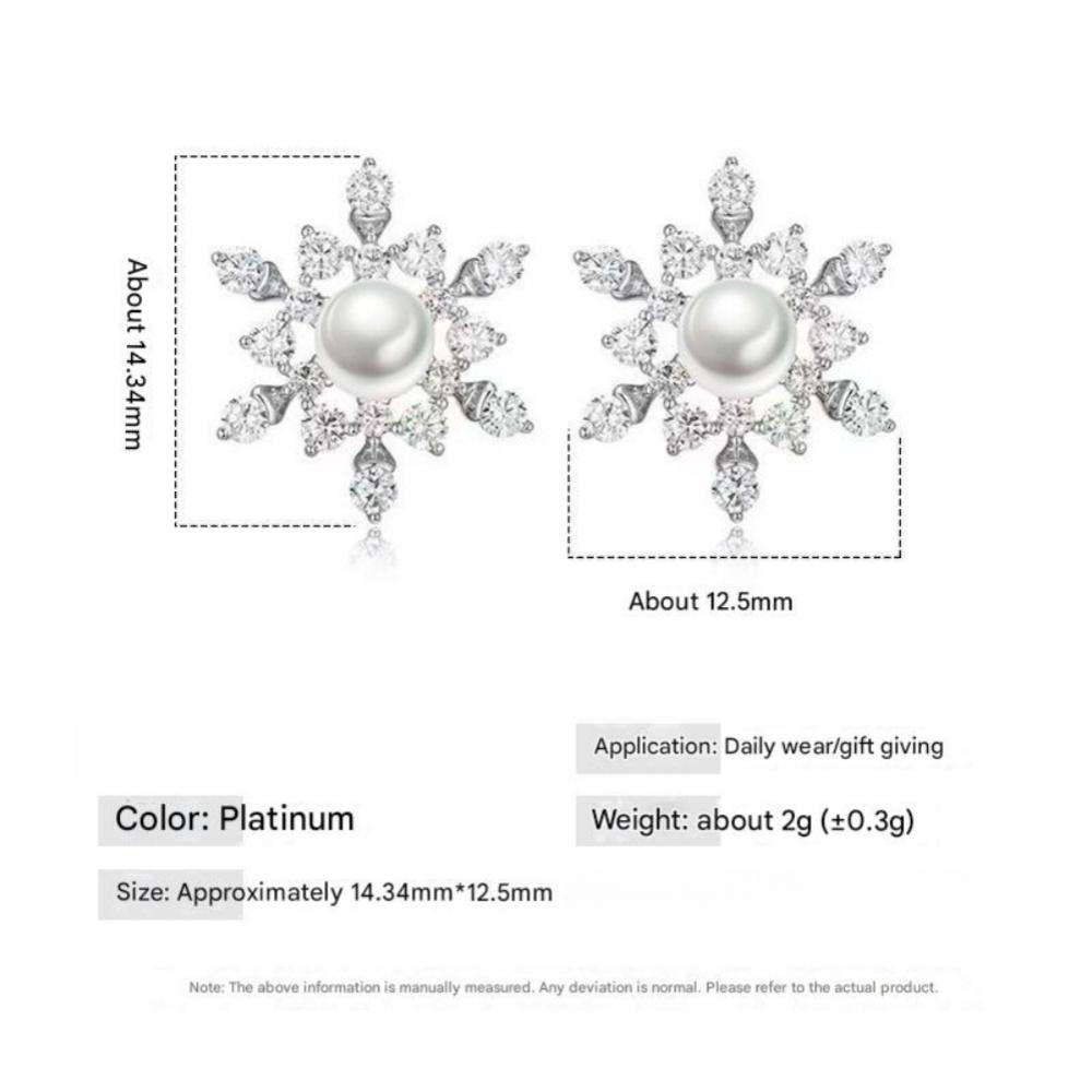 925 Sterling Silver Premium Fashion Snowflake Zircon Pearl Stud Earrings Birthday Party Anniversary Gift