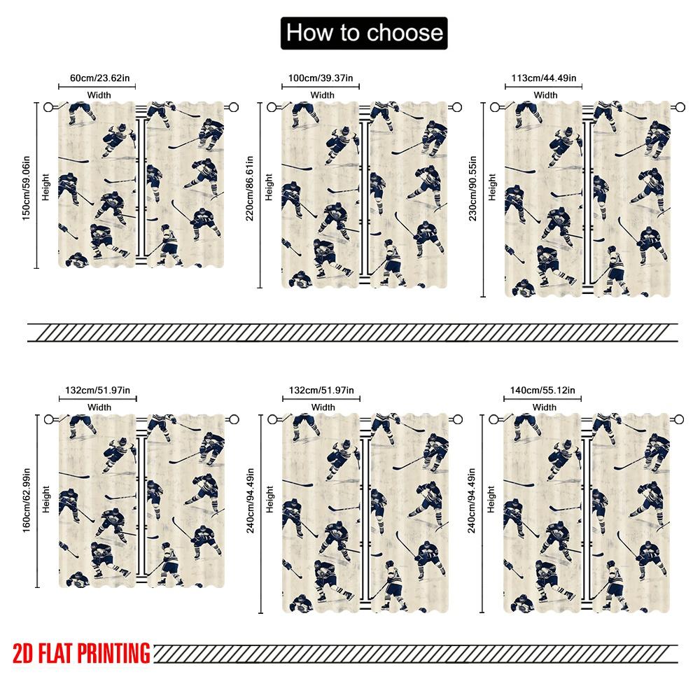 2pcs,2D Plane Printing Curtain Fabric Hockey Motion Polyester (without Rod) Holiday Use for Living Room & Kitchen Decor