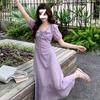 Light green lotus leaf V-neck dress for women's summer waist and thin French gentle wind bubble sleeve temperament long dress