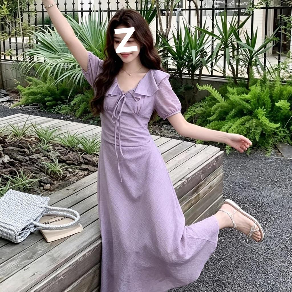Light green lotus leaf V-neck dress for women's summer waist and thin French gentle wind bubble sleeve temperament long dress